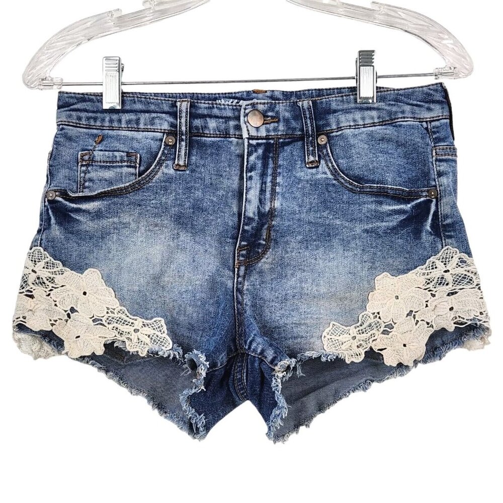 Mossimo High Rise Shorts Sz 6 Blue Super Stretch White Lace Fairy Y2K Frayed Hem